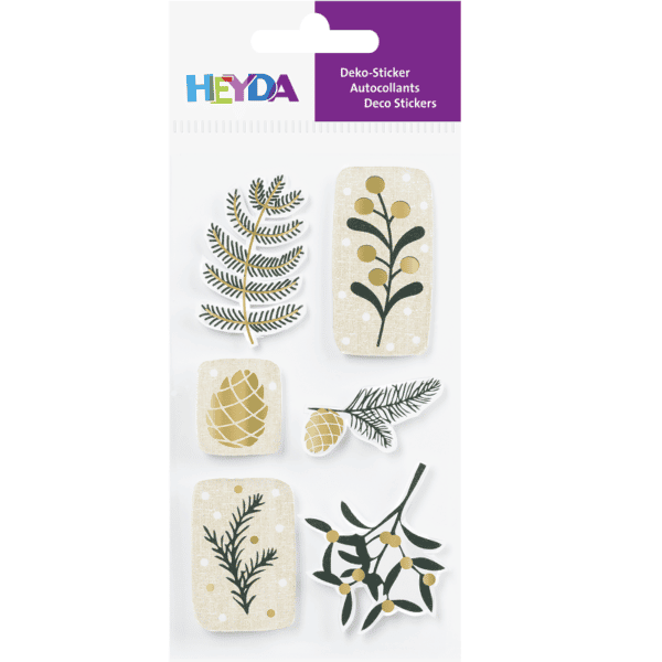 Une planche de 6 stickers de Noël de marque Heyda. Ces autocollants sur le thème branche seront parfaits pour décorer des paquets cadeau.