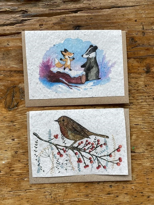 Des cartes à planter pour les fêtes de Noël aux motifs renard, oiseaux...