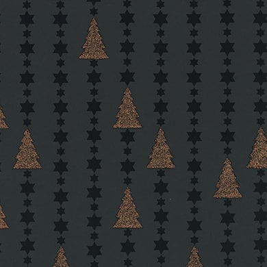 Papier cadeaux de Noël, sapins cuivrés sur fond noir. Haut de gamme.