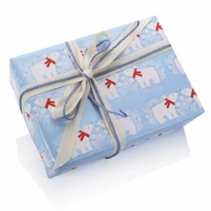 Un joli papier cadeau de Noël sur le thème ours polaire. Fond bleu. Papier de belle qualité.