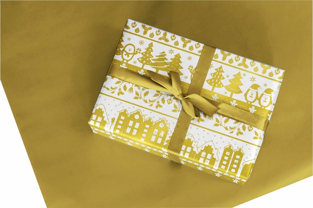 Papier cadeau Noël - Réversible - Village doré