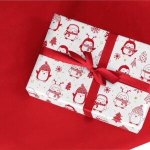 Papier cadeau Noël réversible rouge - pingouin
