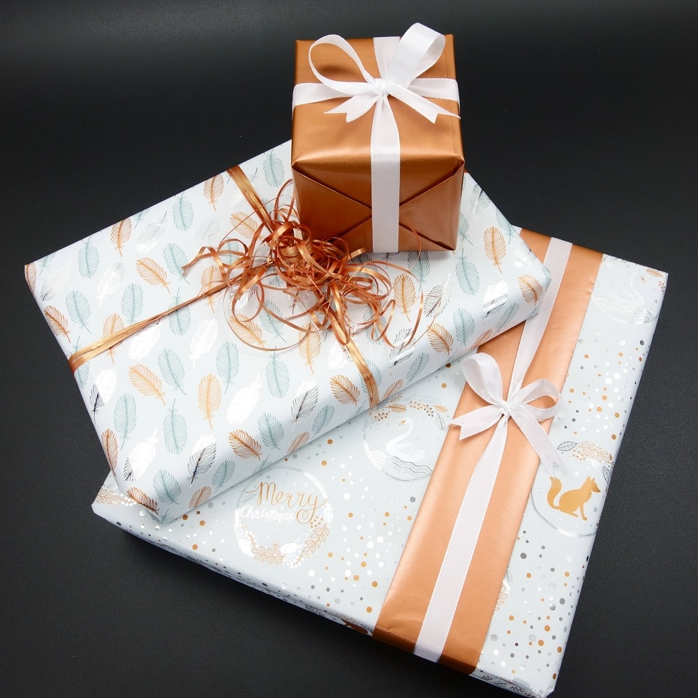 Papier cadeau Noel - Motif argent cuivre et turquoise sur fond blanc