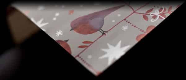 Papier d'emballage cadeaux de Noël, gamme luxe. Oiseau rouge, nature, sur fond crème.