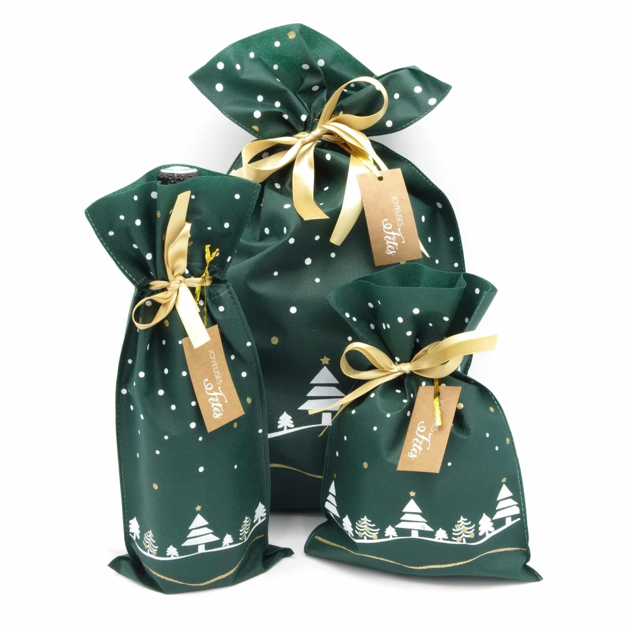 Pochon tissu Noel - sapins - Pochette cadeau tissu vert
