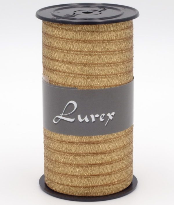 Ruban en tissu, Lurex, couleur cuivre. Bobine de 50 mètres.