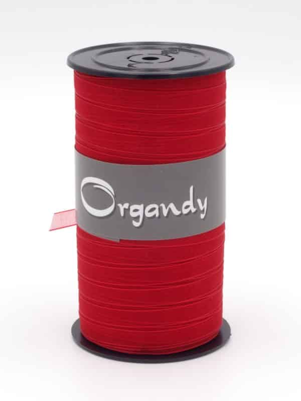Ruban tissu organza, rouge. Gamme Organdy. En bobine de 50 mètres.