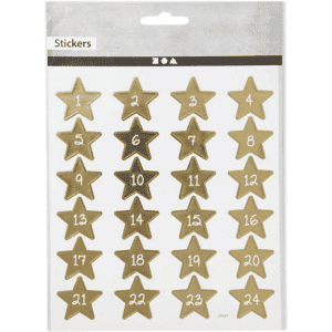 Ensemble de stickers numéros 1 à 24 en forme d'étoiles. Parfait pour réaliser un calendrier de l'avent.
