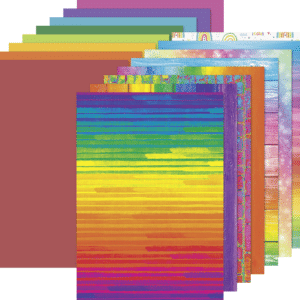 Les différentes couleurs du bloc de papiers cartonné arc-en-ciel. 8 feuilles unis + 8 à motifs - A4 - 220g/m²
