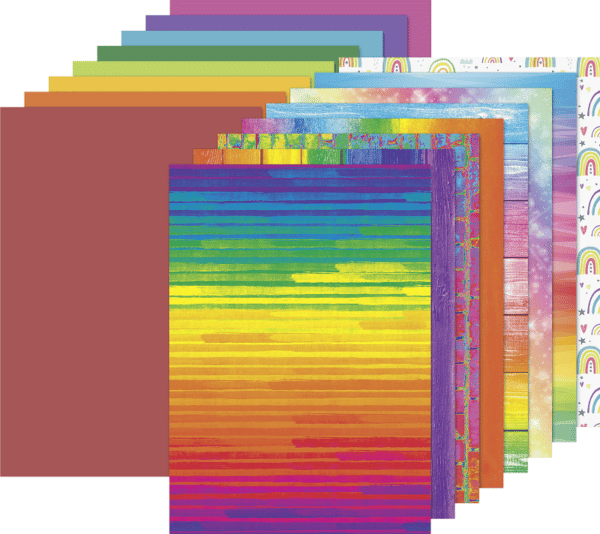 Les différentes couleurs du bloc de papiers cartonné arc-en-ciel. 8 feuilles unis + 8 à motifs - A4 - 220g/m²